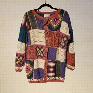 90s Boho Jennifer Reed Hand Knitted Cotton Patchwork Cardigan M Button-Down